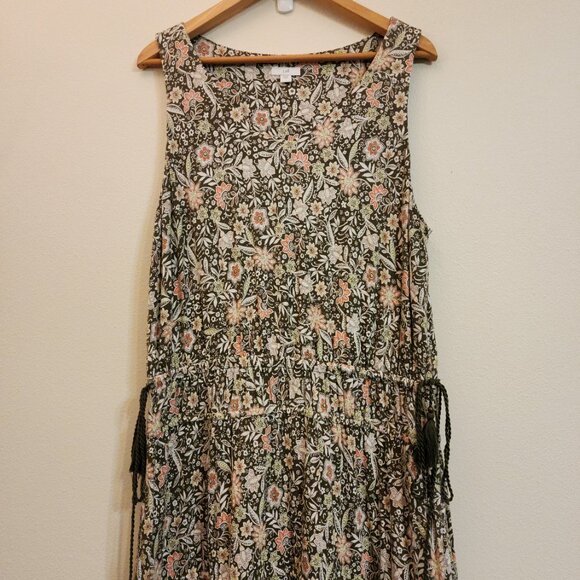 J Jill TierMaxi Floral Dress Women L Boho Khaki Green Slvless Cottage core Chic - Picture 3 of 14